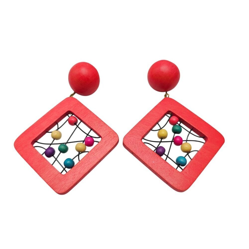 Vintage 1980s Wooden Geometric Earrings With Salmon Frames Multicolored Beads